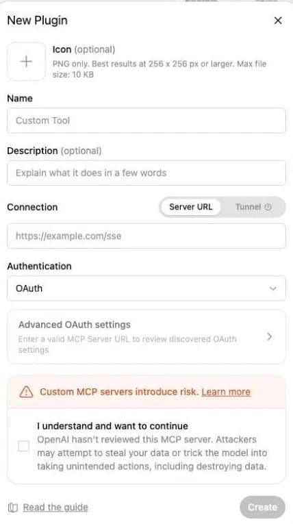 The empty New Plugin dialog in ChatGPT, with fields for name, description, server URL and authentication.