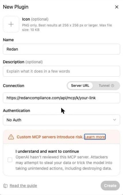 The New Plugin dialog filled in with the name Redan, a Redan link in the Server URL field, and Authentication set to No Auth.