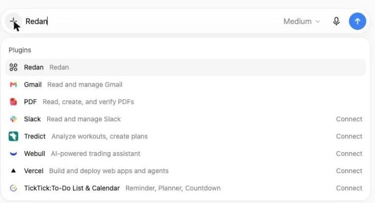 The plugin picker open in a ChatGPT chat, with Redan listed at the top.