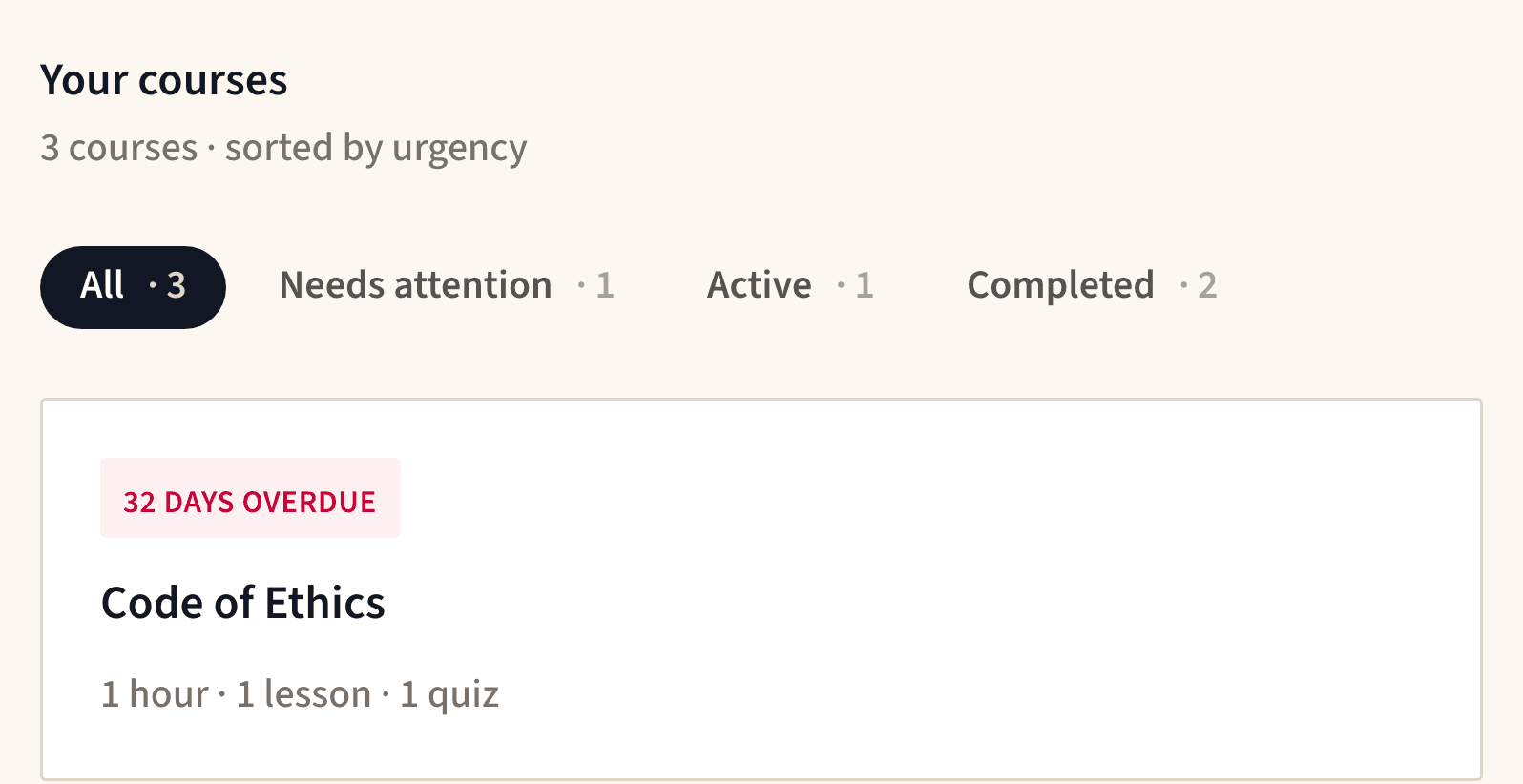 A learner’s course list, sorted by urgency: three courses, one needing attention: Code of Ethics, thirty-two days overdue, one hour, one lesson, one quiz