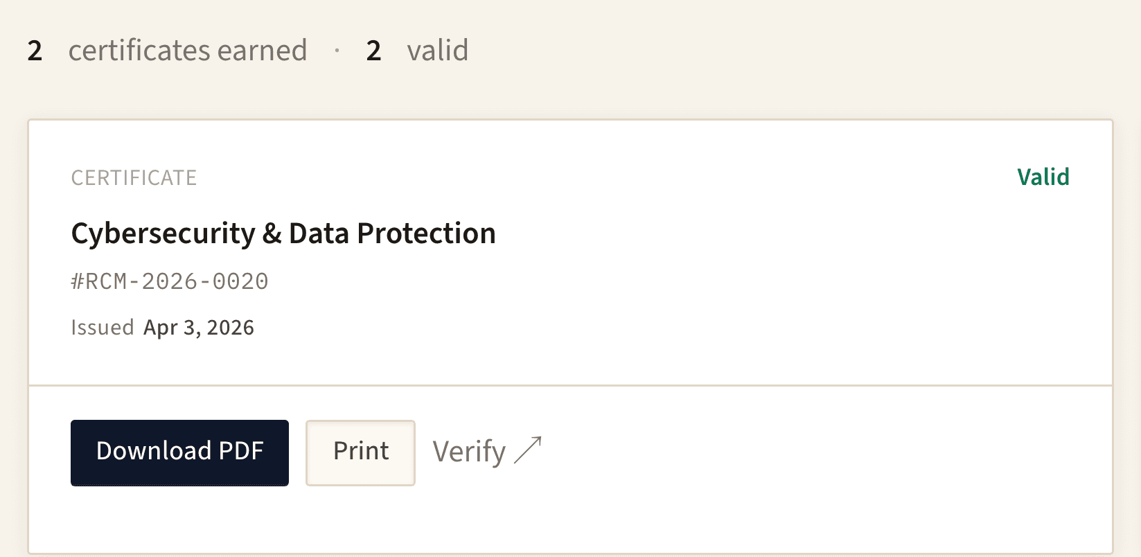 A learner’s certificate: Cybersecurity & Data Protection, marked valid, numbered RCM-2026-0020 and issued 3 April 2026, with Download PDF, Print and Verify actions; two earned, two valid