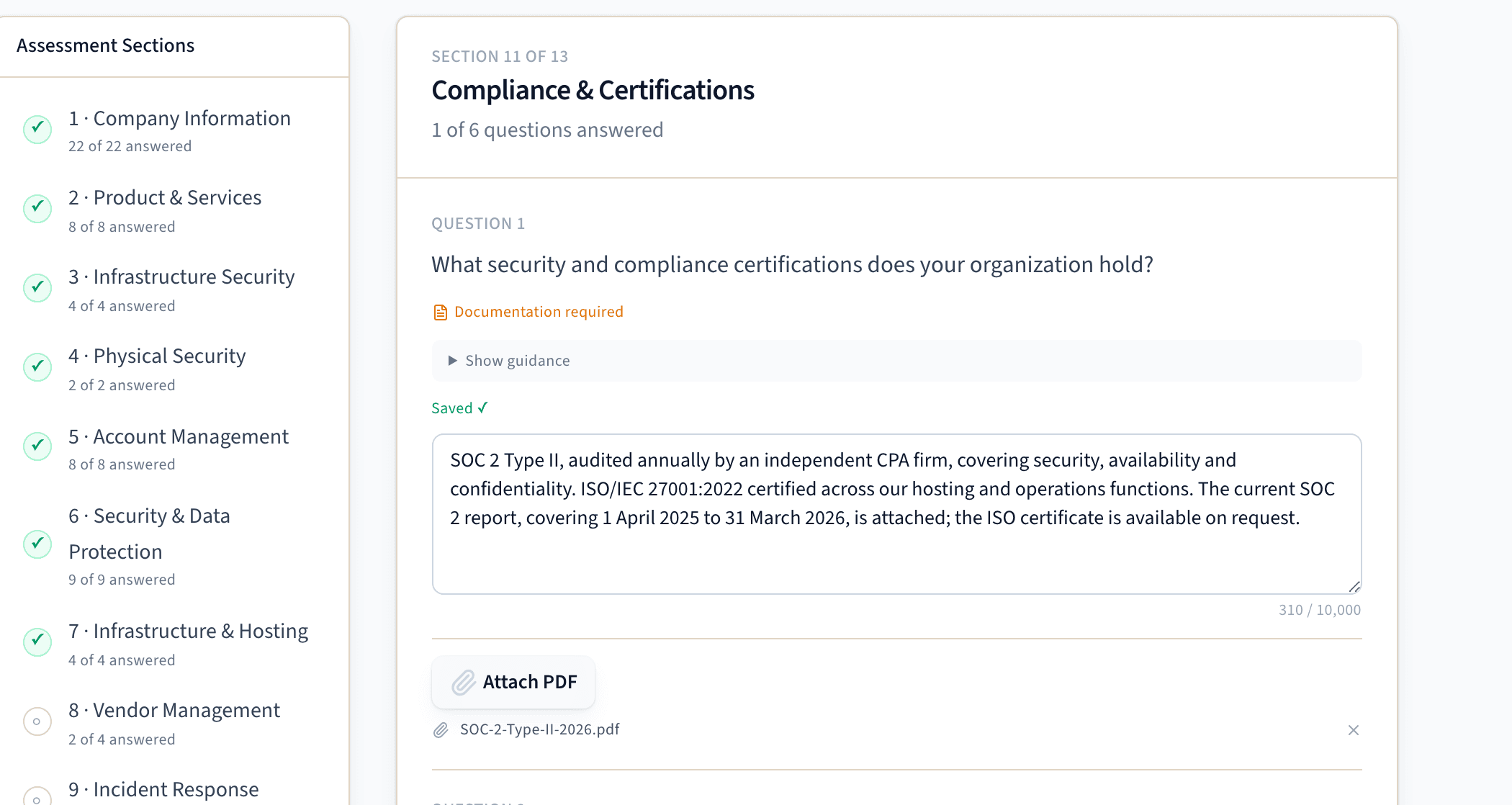 A vendor part-way through the questionnaire: seven of thirteen sections ticked off down the side, and on the question asking which certifications they hold, their own written answer with their SOC 2 report attached to it